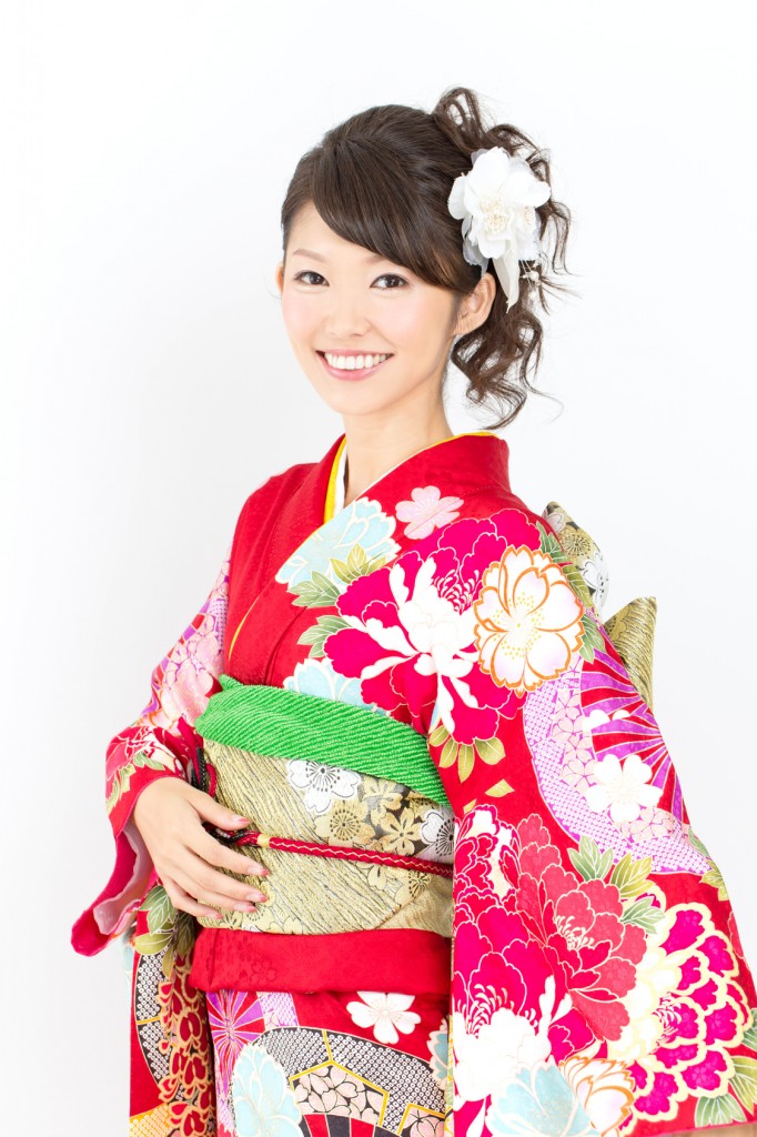 Beautiful asian kimono woman on white background